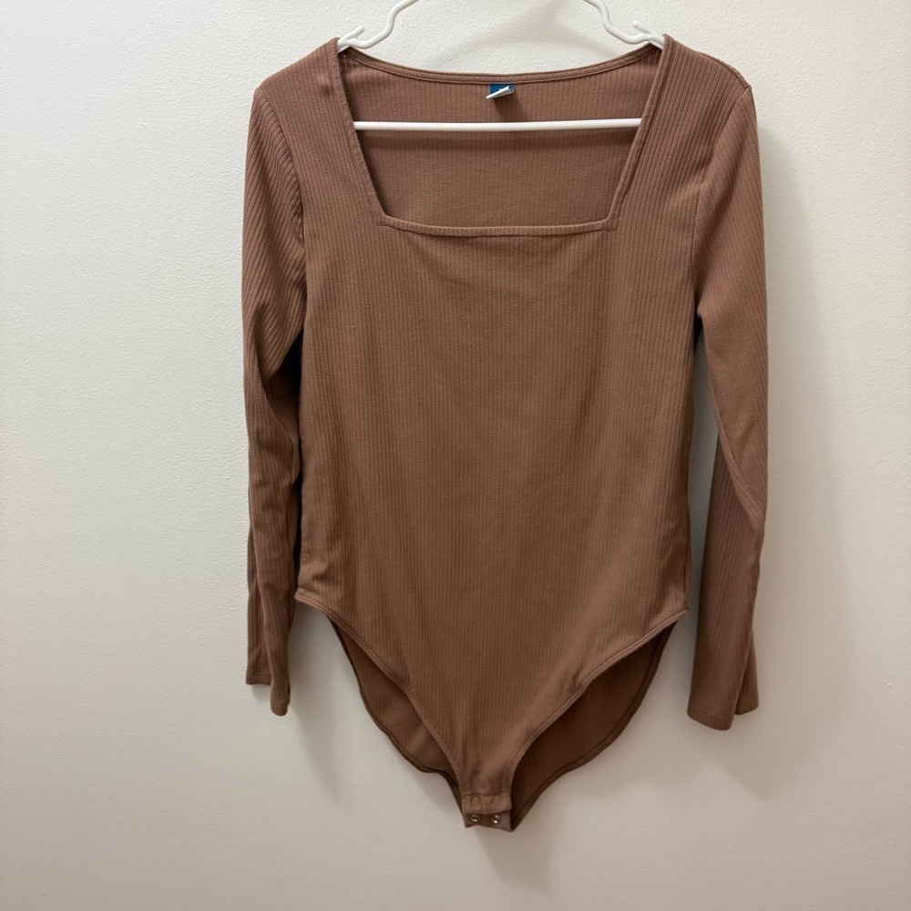 Old Navy Women Top xLarge Brown Cotton Blend Square Neck Long Sleeve Bodysuit